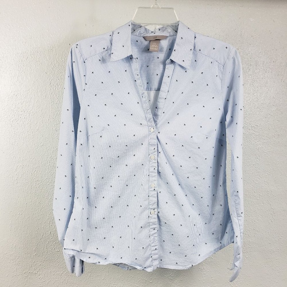 H&M Women's Blue Button Down Mini Pin Long Sleeve Cotton Blend Shirt Top Blouse